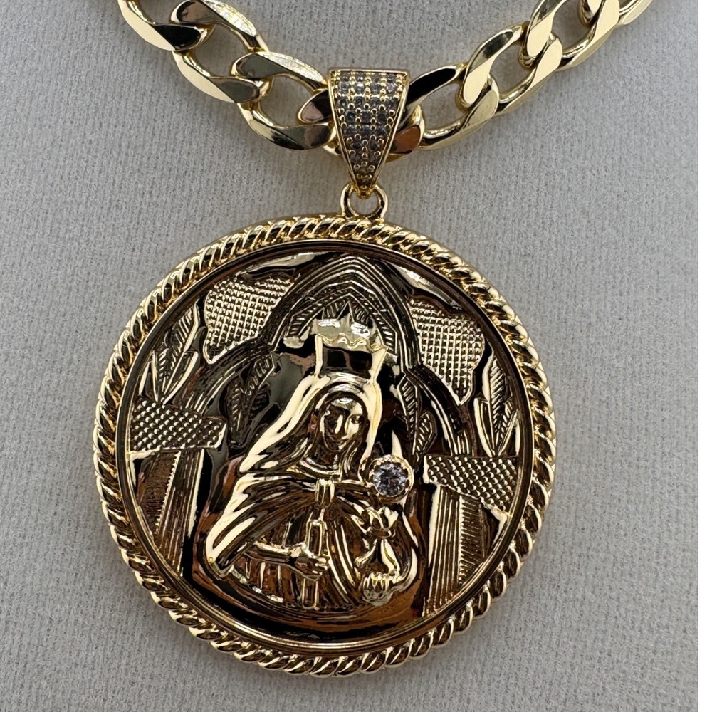 14k Gold Plated Virgin Mary Pendant Religious Medallion ONLY CZ Accents Round